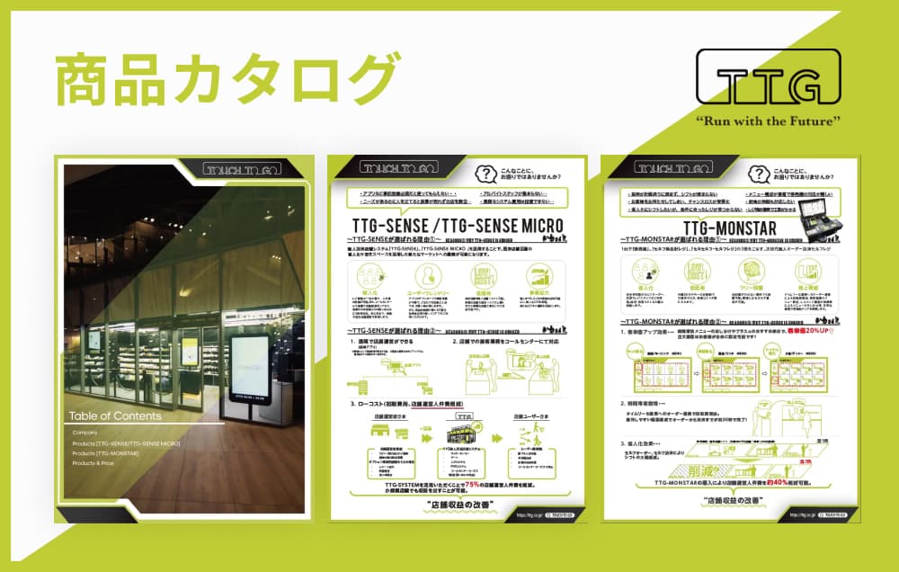 「商品カタログ」と題された資料で、TTG製品の詳細が掲載されている